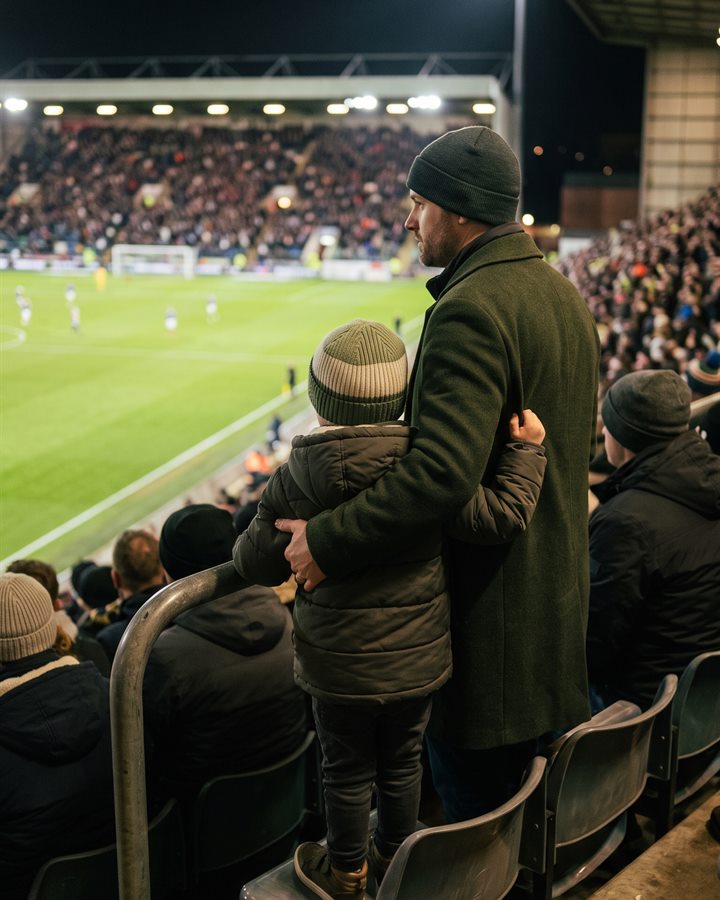 A parent holding a small child steady on a seat in a floodlit stand