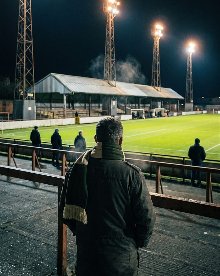 A supporter in a green and cream scarf at the rail of a small floodlit ground