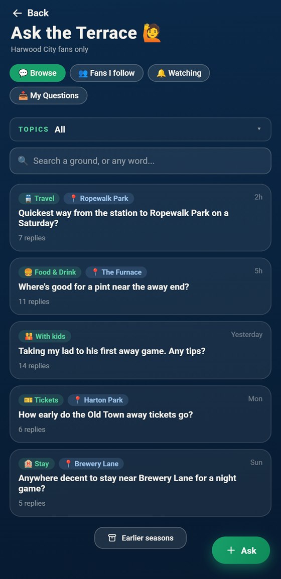 Ask the Terrace in the app: Harwood City fans' questions about away grounds, each with replies
