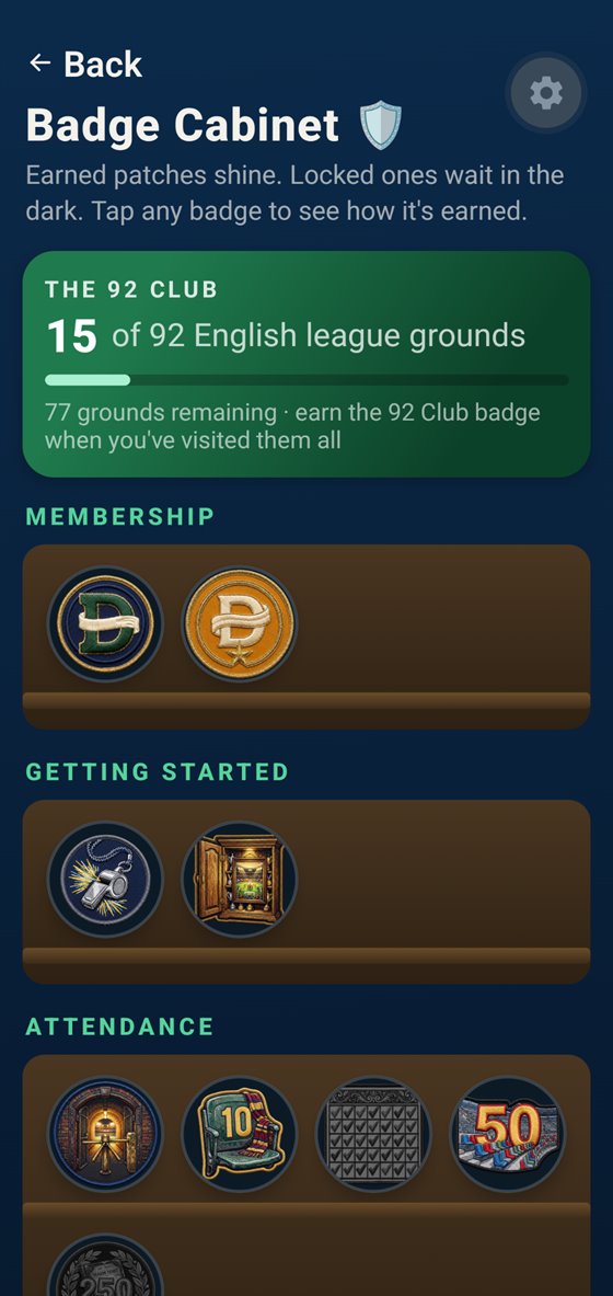 The Badge Cabinet in the app: 15 of 92 grounds visited, above shelves of embroidered patches, the earned ones lit and a locked one greyed out below