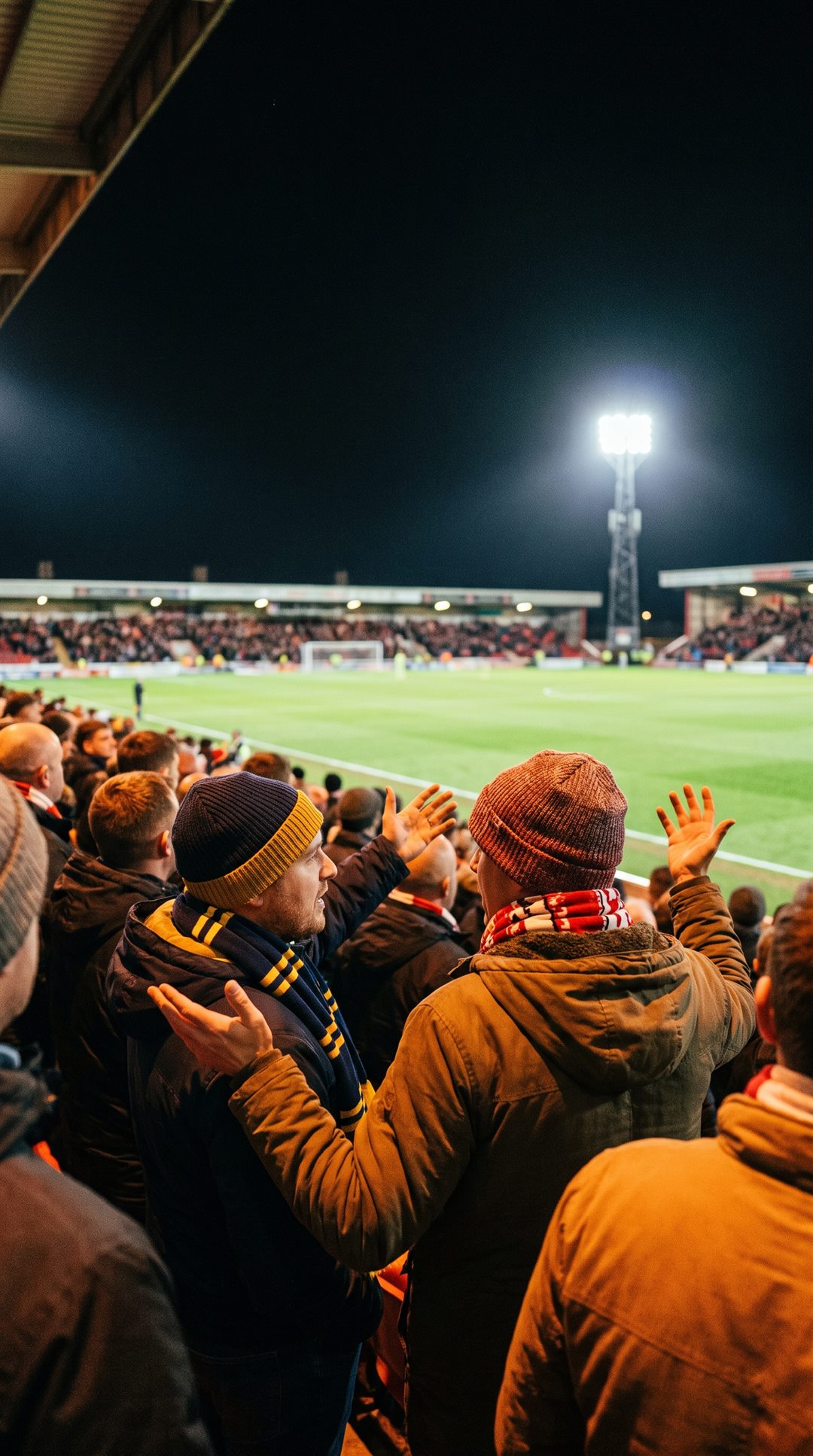 Supporters in a floodlit stand arguing, one with his hands spread wide
