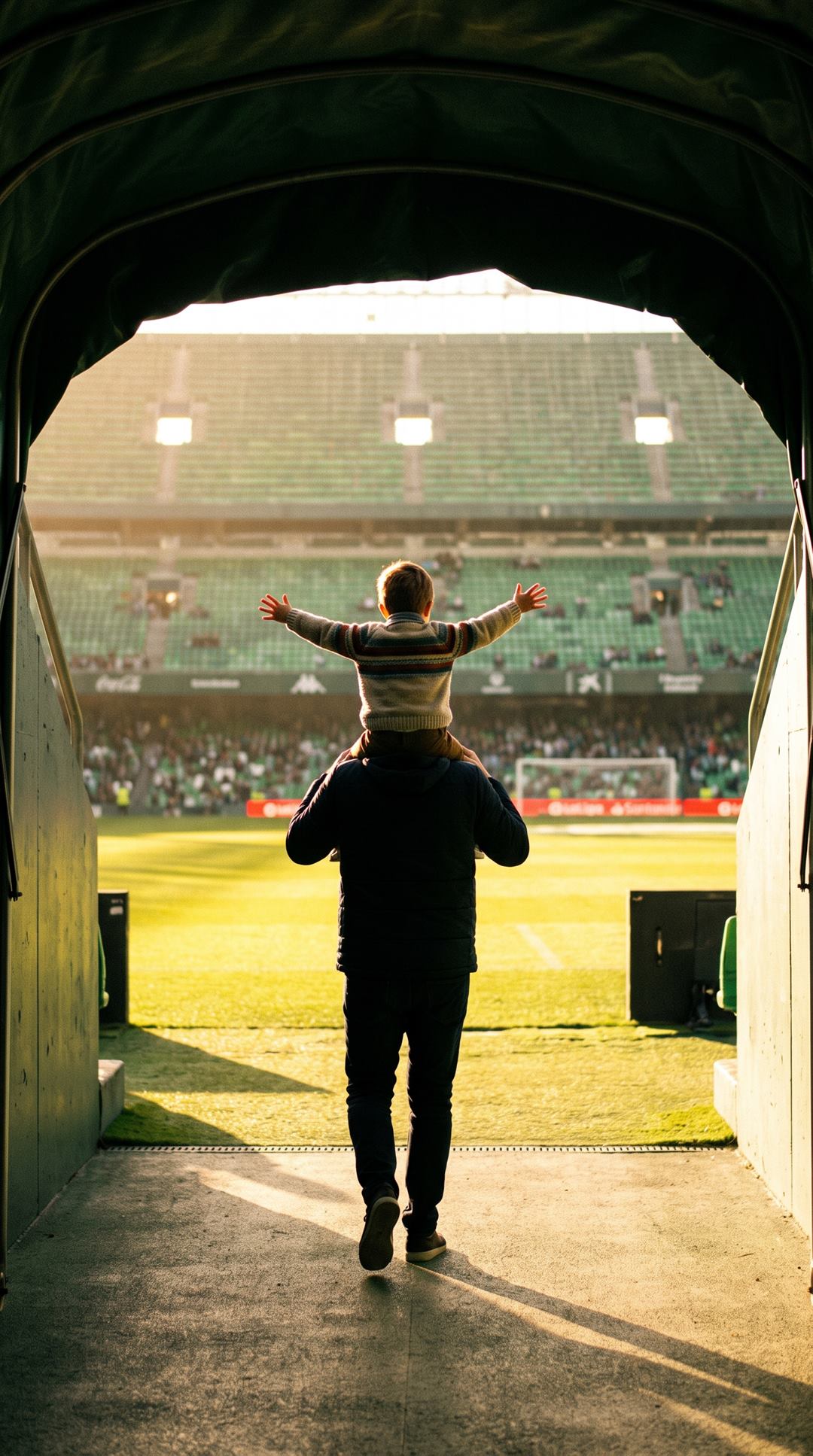 A small child on an adult's shoulders, arms flung wide, stepping out of a stadium tunnel into the light with the pitch ahead of them