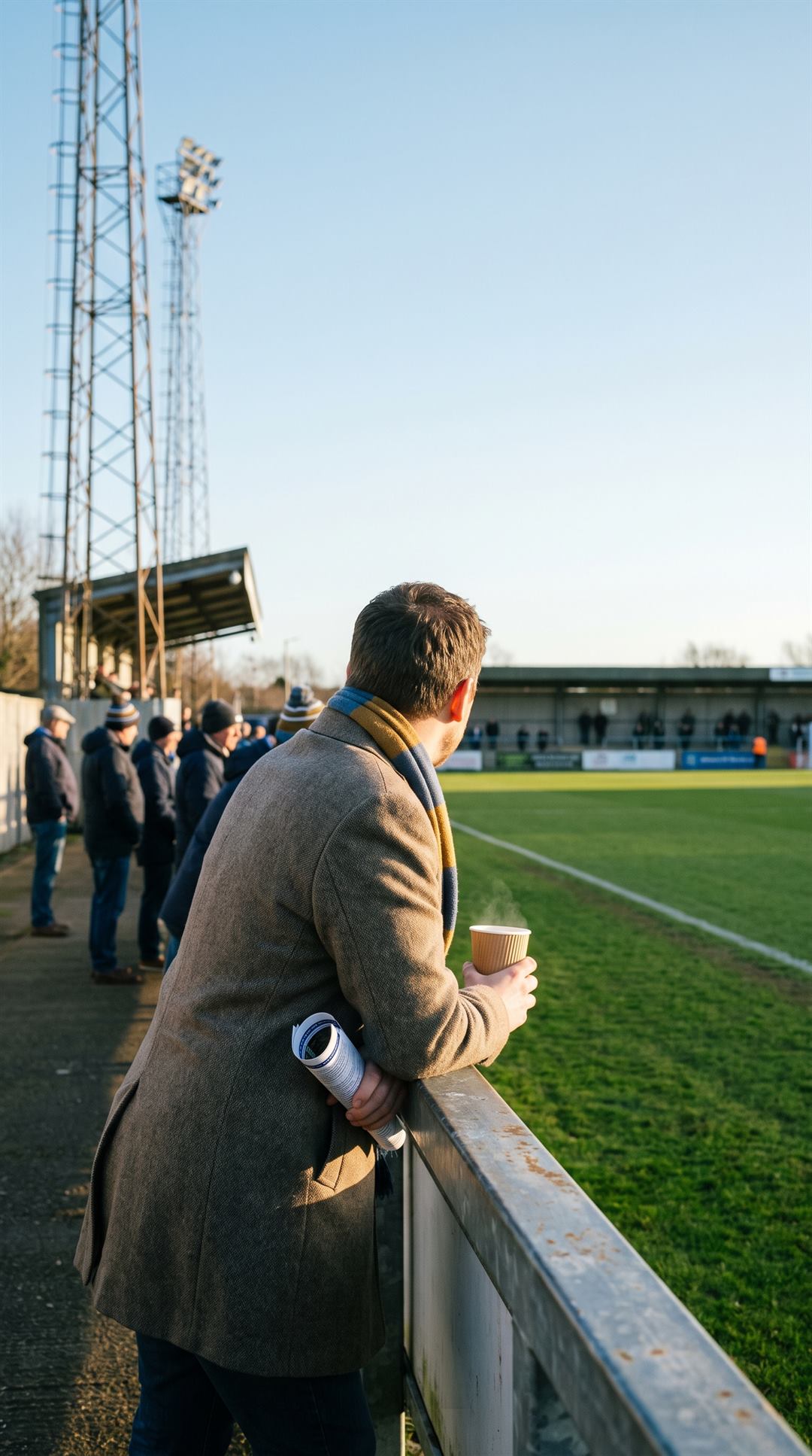 A supporter leaning on the barrier at a small non-league ground on a bright winter afternoon, a cup of tea in one hand and a rolled-up programme in the other