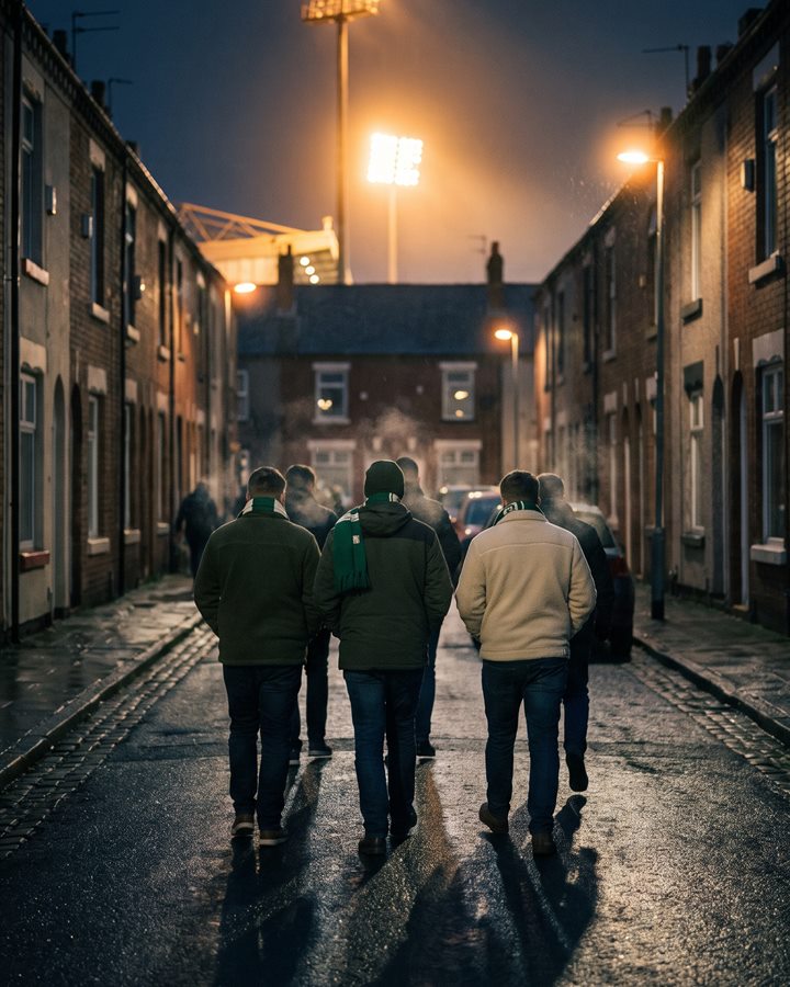 Three supporters in green and white scarves walking down a wet terraced street towards the ground