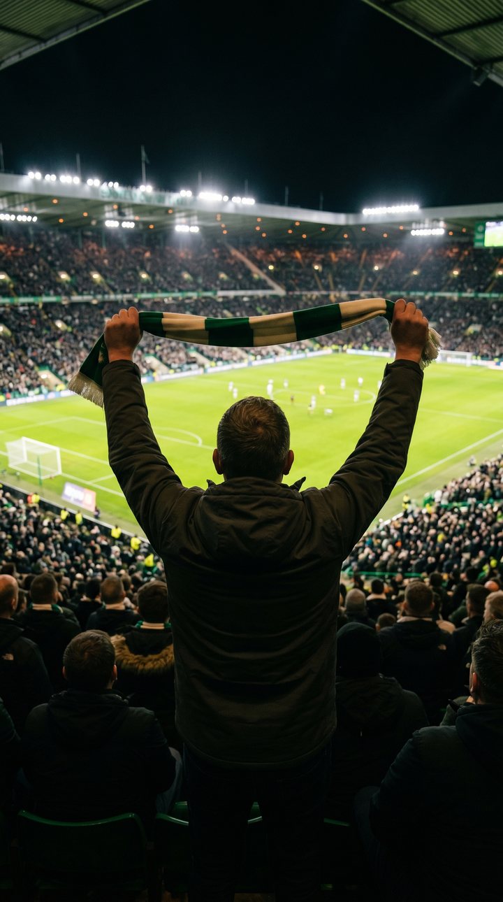 A supporter high in a packed, floodlit stadium raising a green-and-cream scarf above their head as the match plays out below