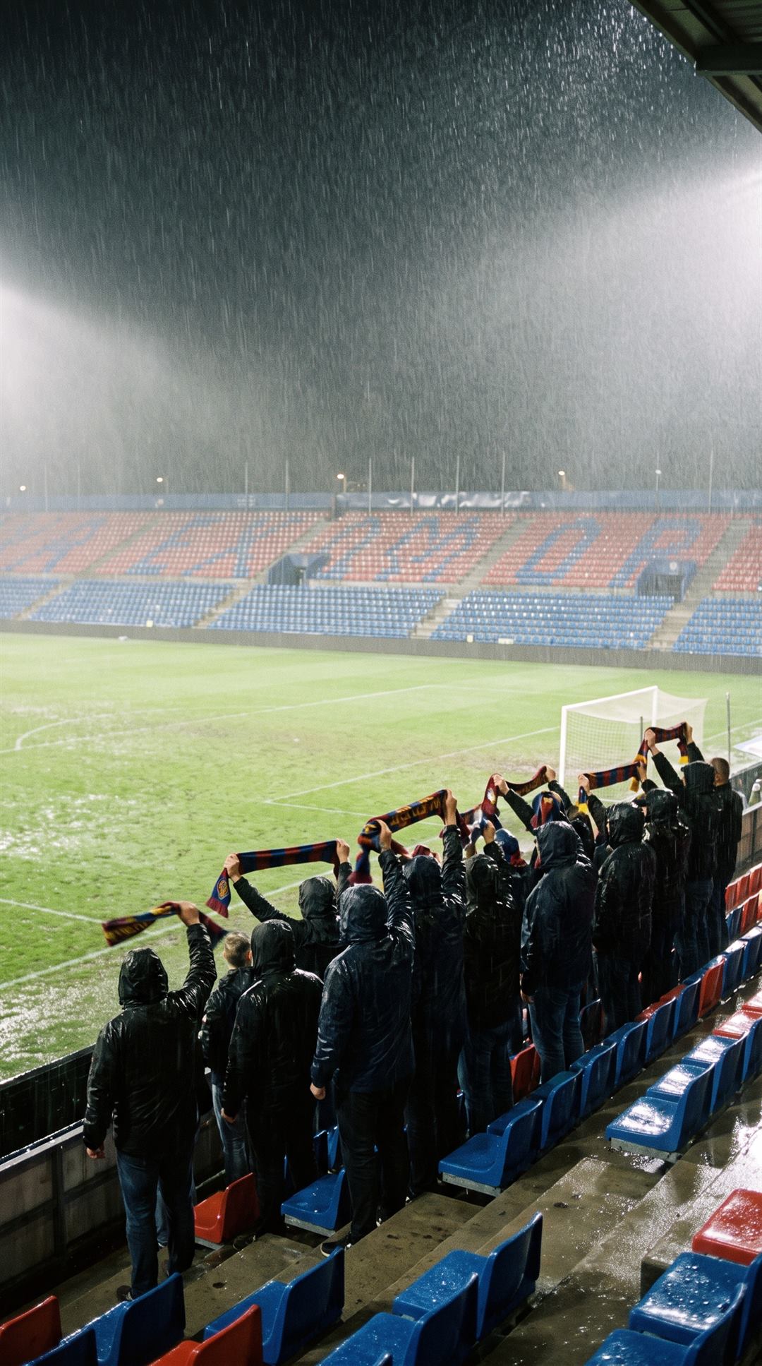 A handful of supporters standing in driving rain in an otherwise empty stand, scarves held above their heads