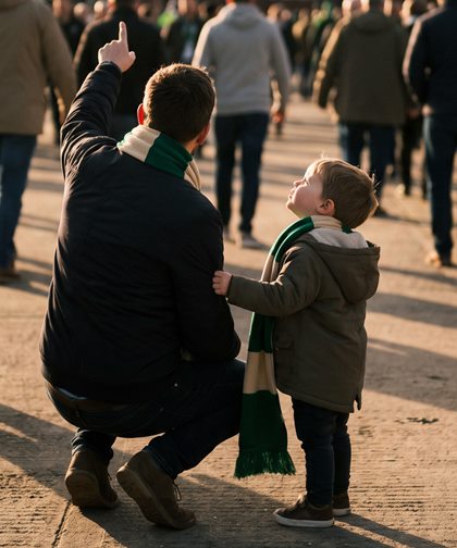 A father crouching beside his young son on the walk to the ground, pointing ahead
