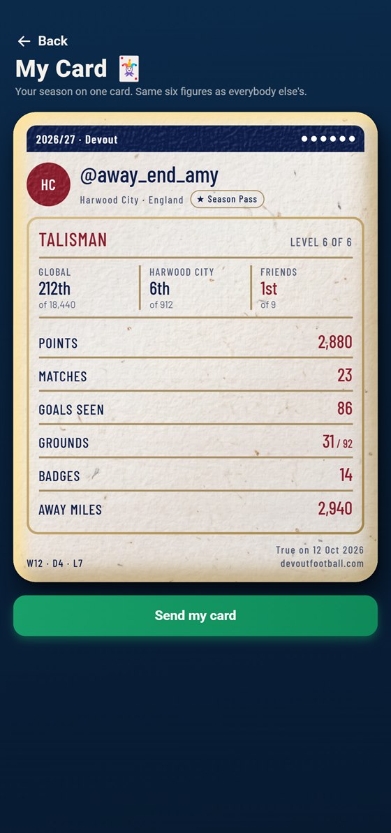 My Card in the app: one fan's season on one card, with her rank at her club and among her friends