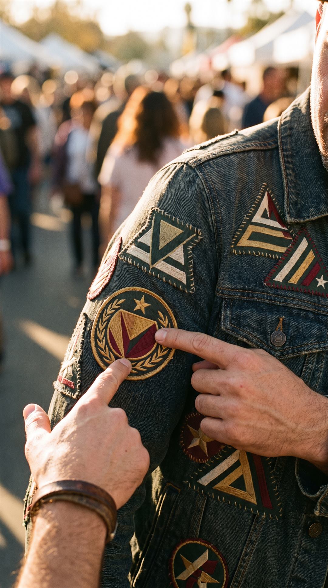 A denim jacket covered in hand-sewn embroidered patches in golden afternoon light, with a second person reaching in to point at one of them