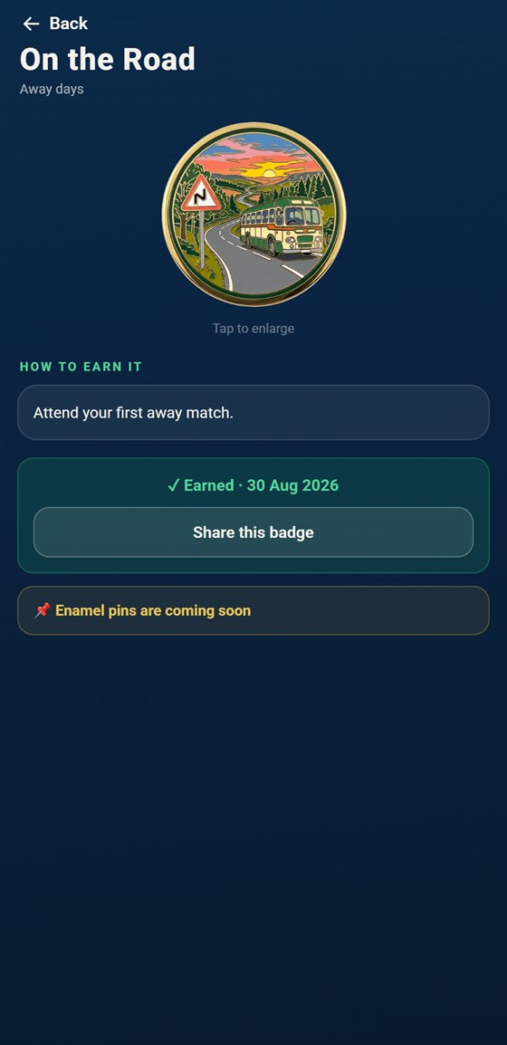 A badge in the app, On the Road, earned for a first away match