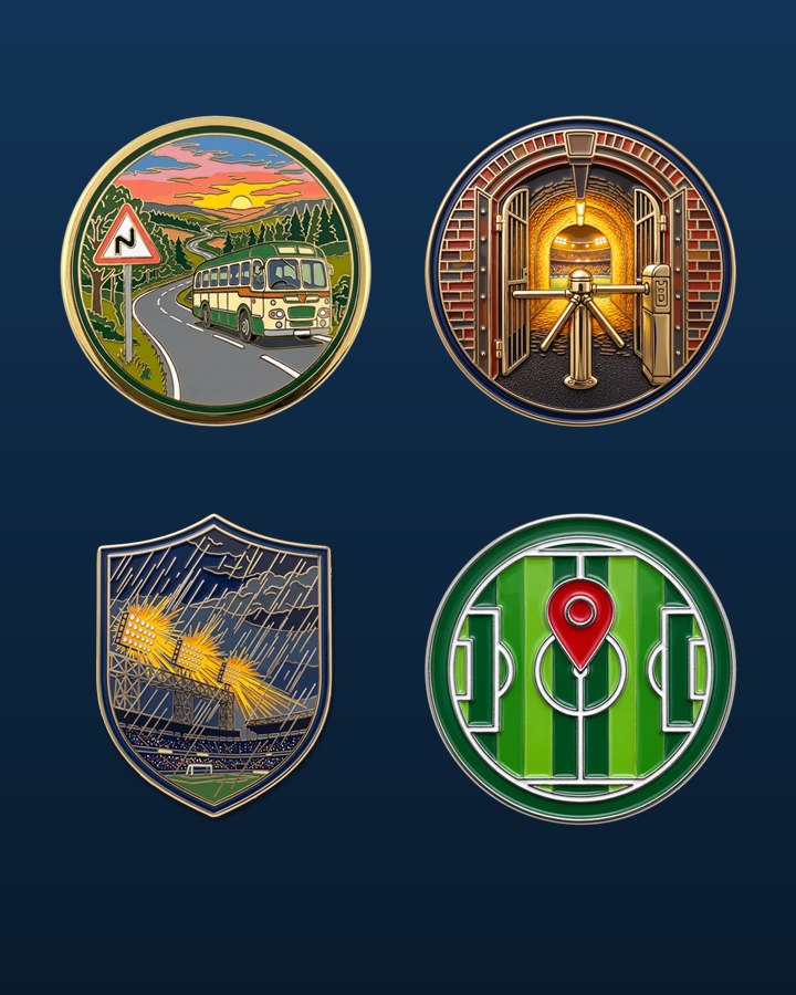 Four enamel pins: On the Road, Through the Turnstile, Cold Rainy Night in Stoke and Groundhopper