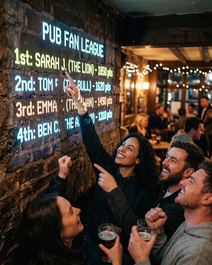 Friends in a pub cheering at a glowing fan league table on the wall