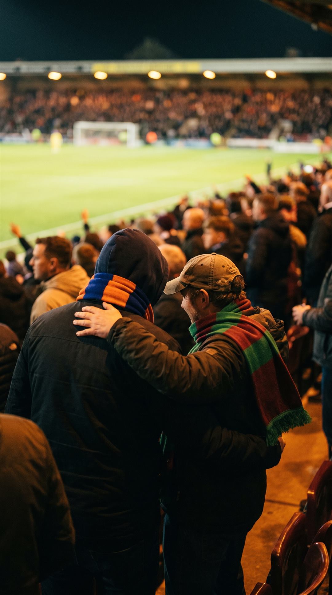 Two supporters in different coloured scarves standing together in a floodlit stand, one with an arm round the other, both grinning