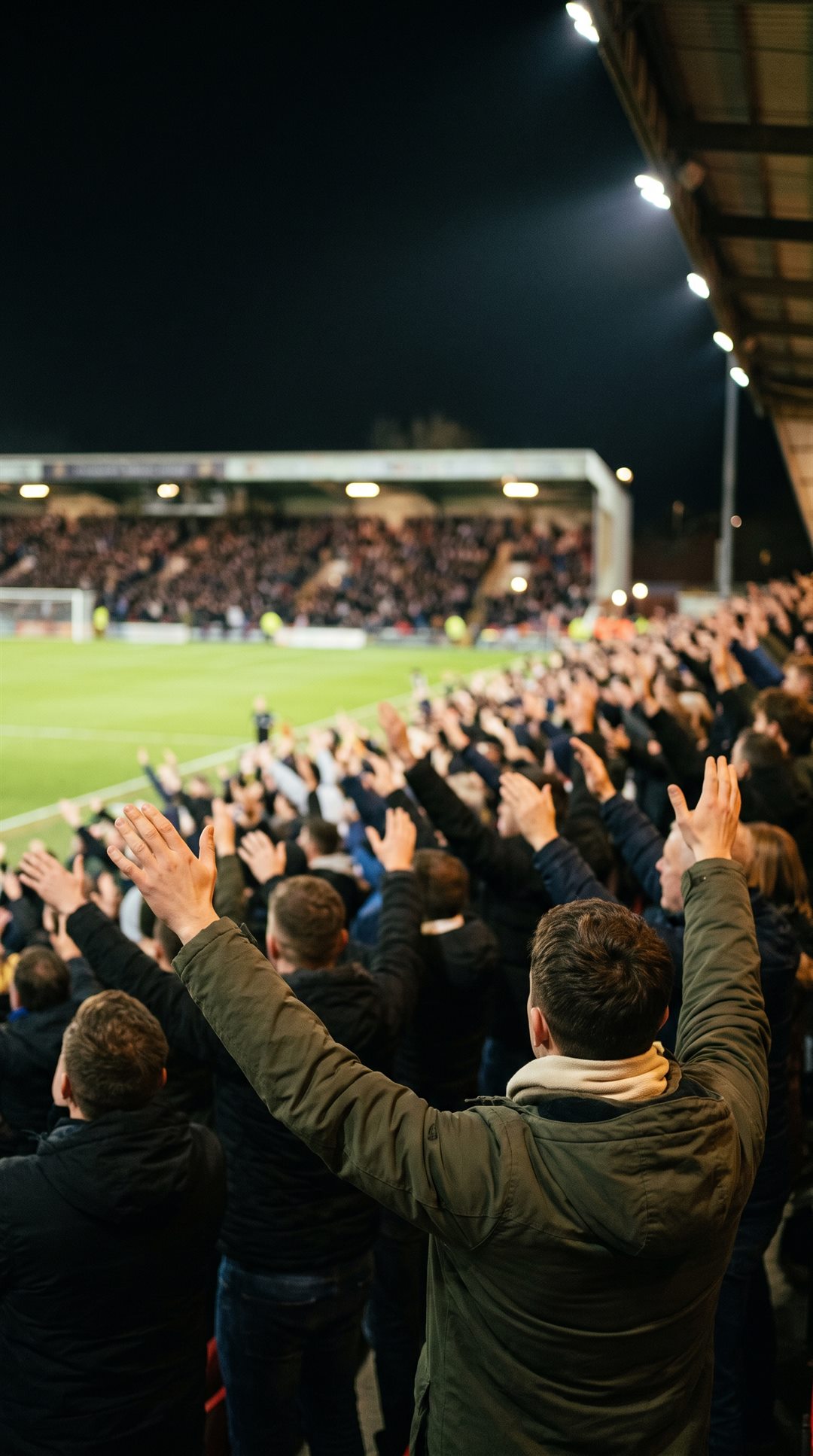 A floodlit stand on its feet with arms in the air, the far stand across the pitch