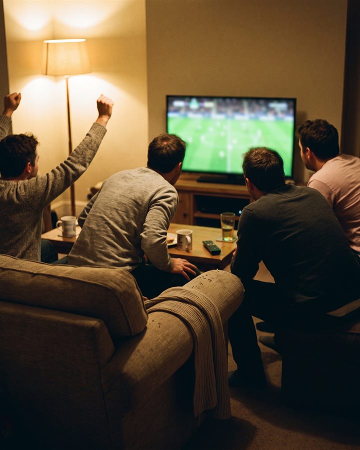 Friends watching the match in a living room, one of them with both fists in the air