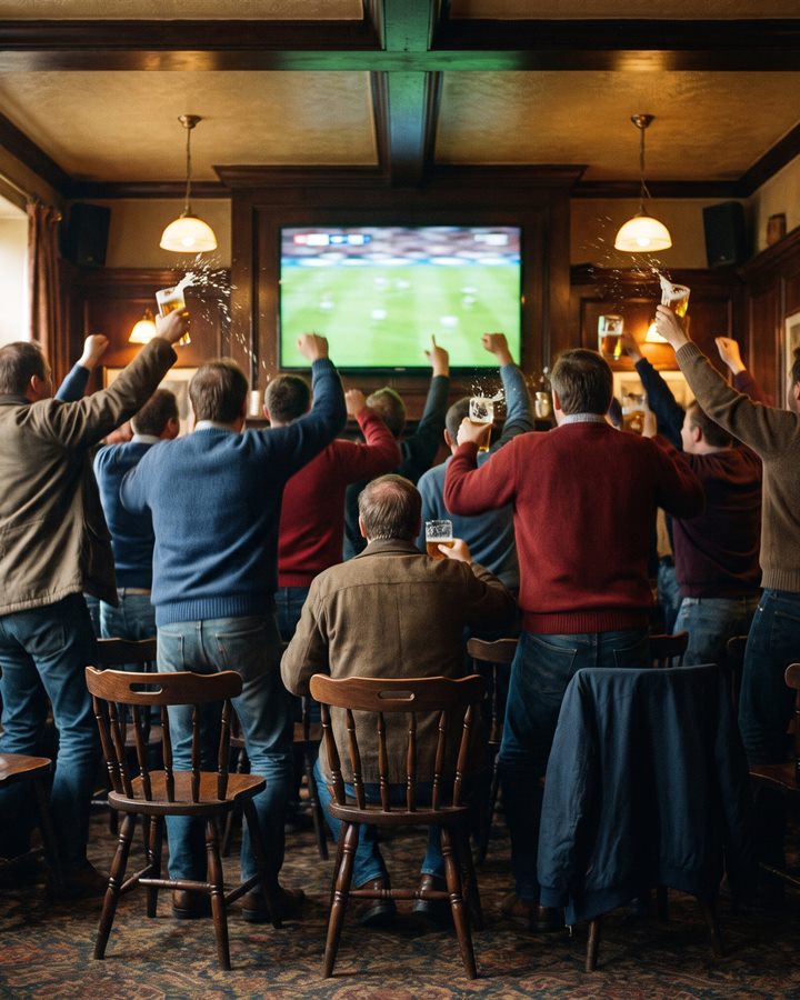 A packed pub on its feet, arms and pints in the air in front of the big screen