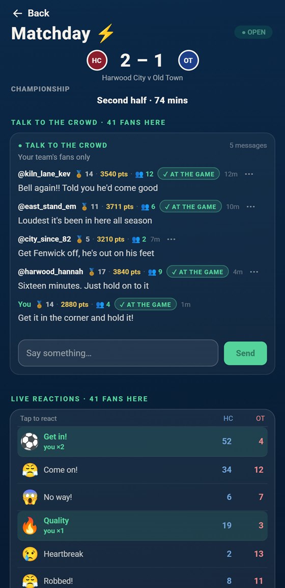 The match room in the app: Harwood City fans talking during the game, with the live reactions underneath