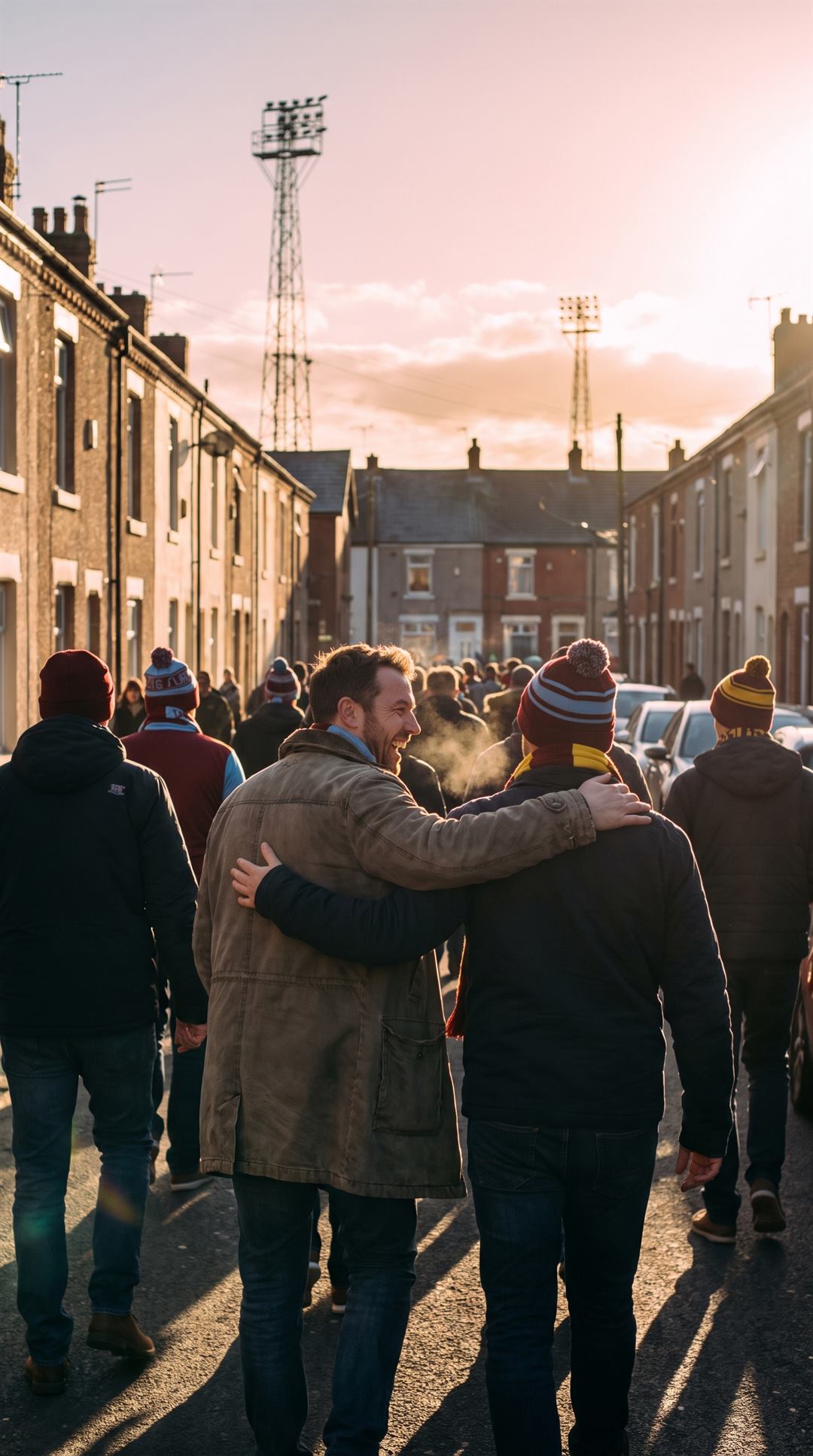 Supporters walking up a street of terraced houses towards floodlights at sunset, one turning back mid-laugh with an arm round a friend