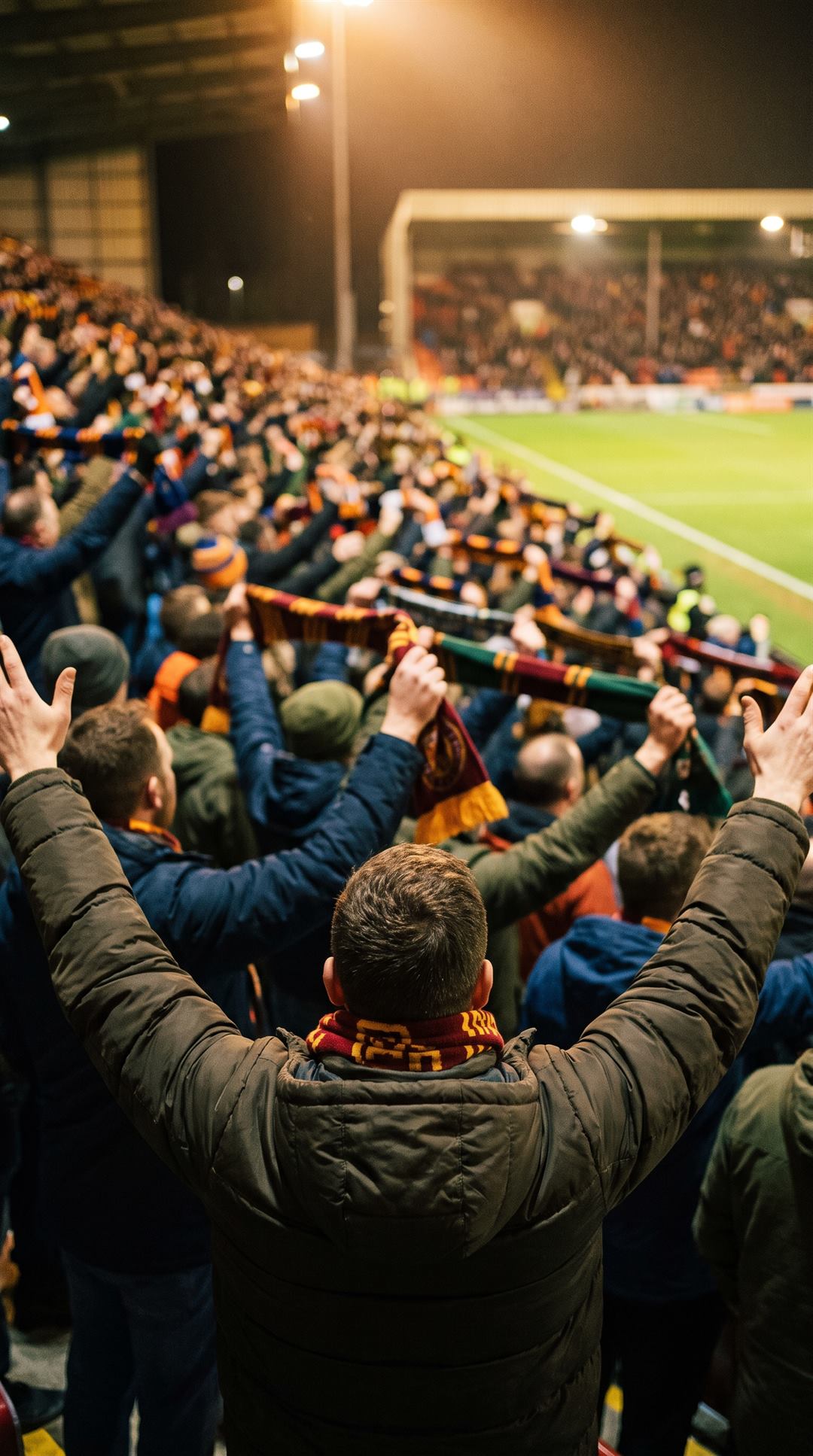 A packed stand at night, every supporter with their arms up and scarves held above their heads at the peak of a roar
